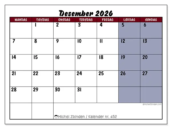 Desember 2026 kalendere til utskrift - Oppgaver i farger