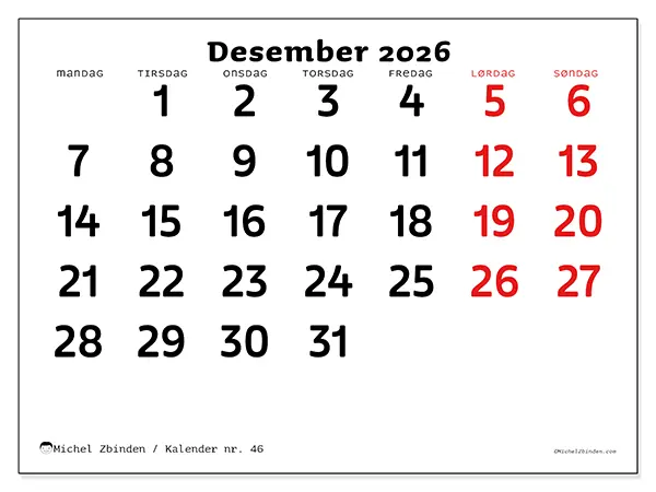 Desember 2026 kalendere til utskrift - Klar oversikt