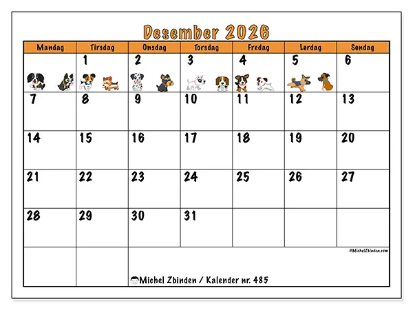 Desember 2026 kalendere til utskrift - Hunder