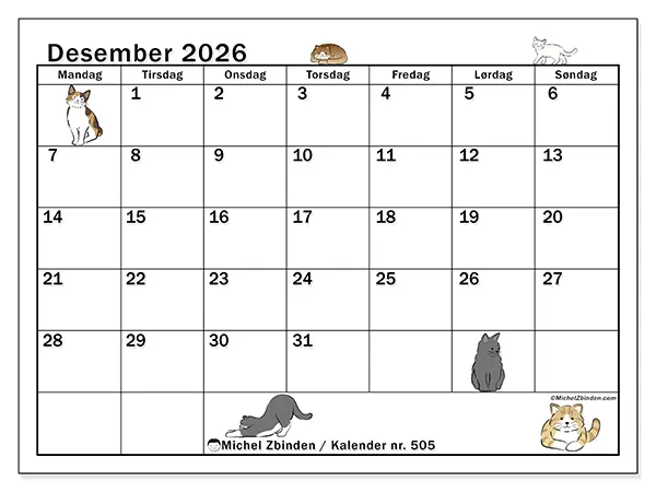 Desember 2026 kalendere til utskrift - Katteliv