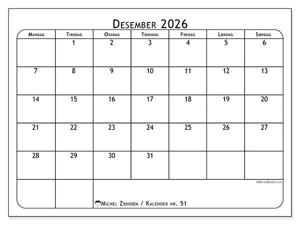 Desember 2026 kalendere til utskrift - Måltidsplanlegger