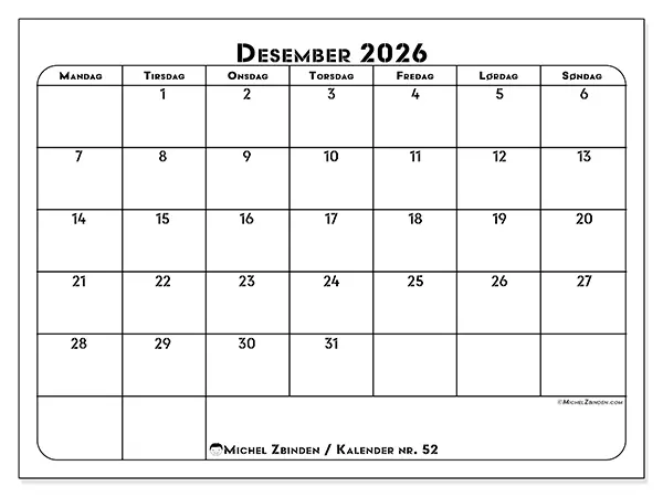 Desember 2026 kalendere til utskrift - Profesjonell organisering