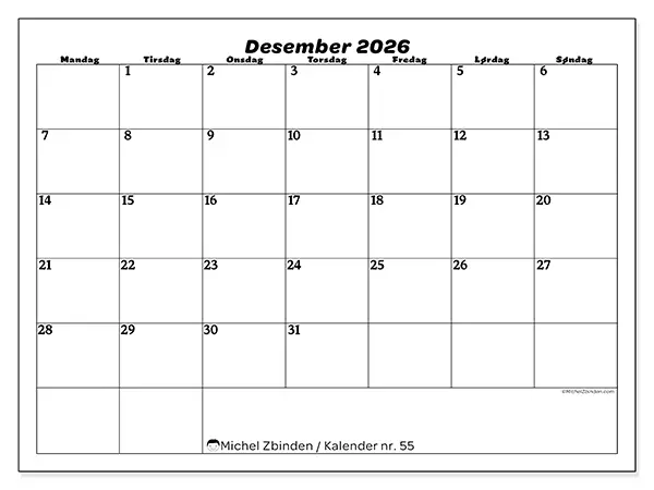 Desember 2026 kalendere til utskrift - Organisering av fritid