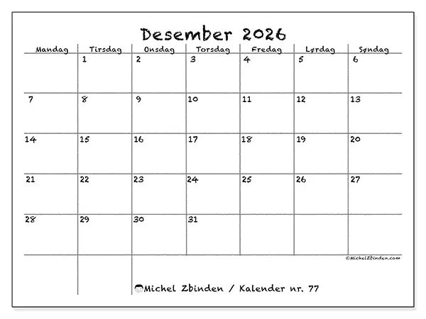 Desember 2026 kalendere til utskrift - Skole og familie