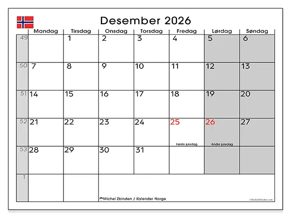 Desember 2026 kalendere til utskrift - Norge