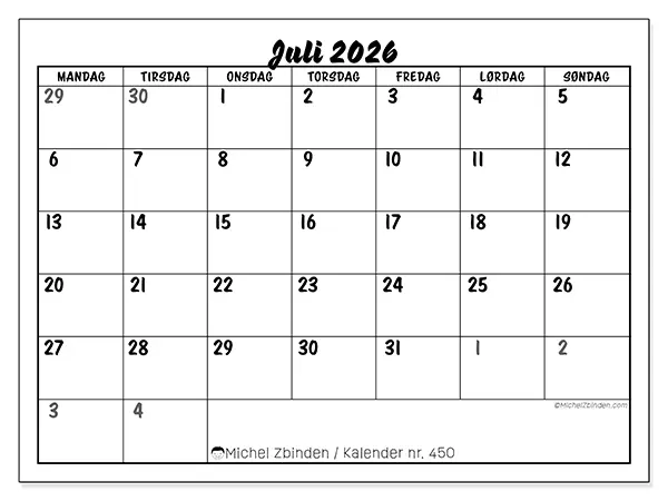 Juli 2026 kalendere til utskrift - Detaljert organisering
