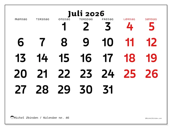 Juli 2026 kalendere til utskrift - Klar oversikt