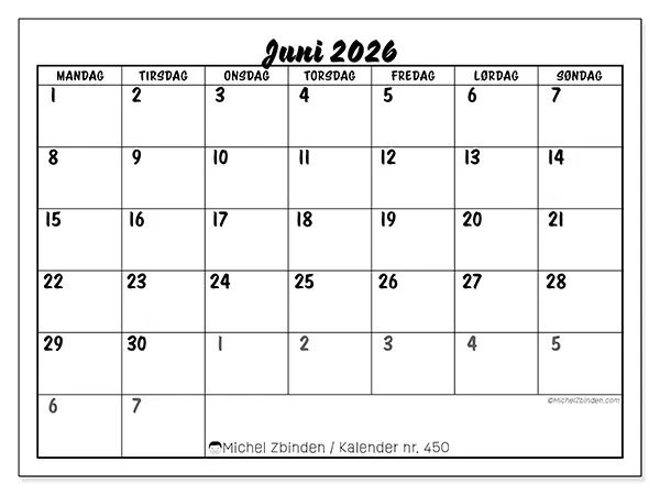 Juni 2026 kalendere til utskrift - Detaljert organisering