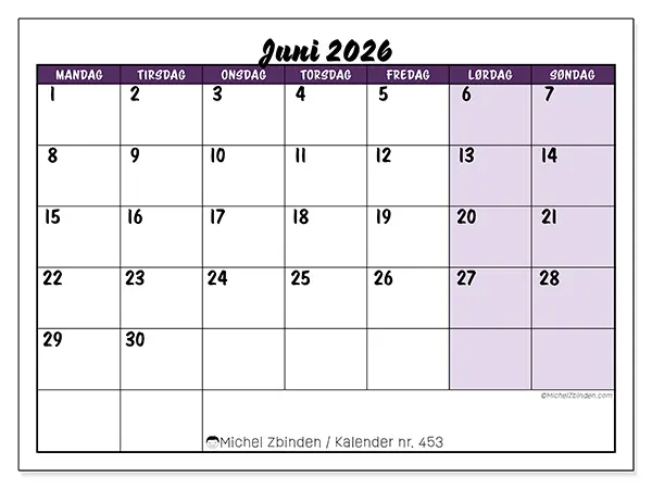 Juni 2026 kalendere til utskrift - Fargerike oppgaver