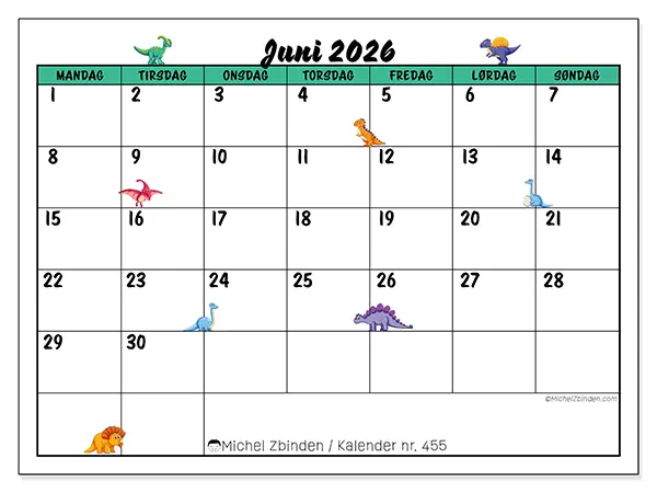 Juni 2026 kalendere til utskrift - Små dinosaurer