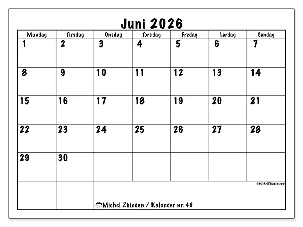 Juni 2026 kalendere til utskrift