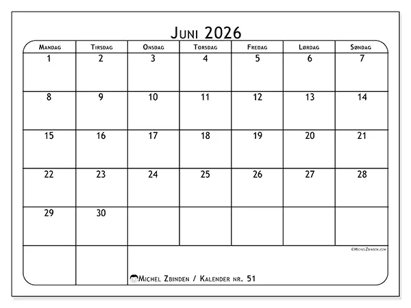 Juni 2026 kalendere til utskrift - Måltidsplanlegger
