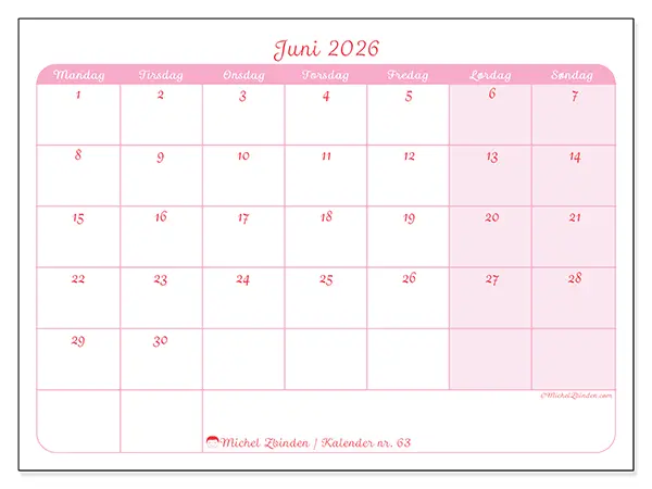 Juni 2026 kalendere til utskrift - Myk organisering