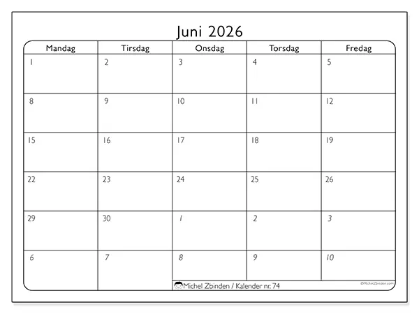 Juni 2026 kalendere til utskrift - Arbeidsorganisering
