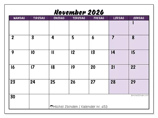 November 2026 kalendere til utskrift - Fargerike oppgaver