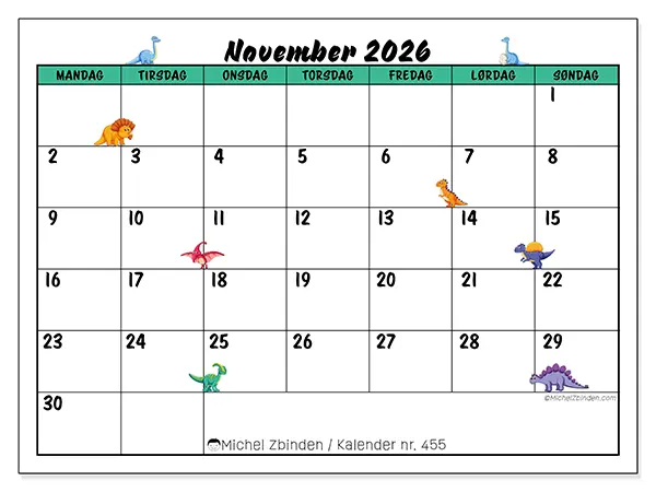 November 2026 kalendere til utskrift - Små dinosaurer