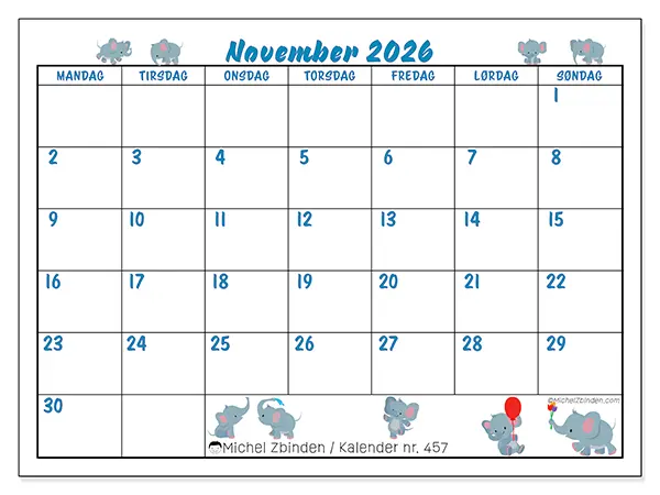 November 2026 kalendere til utskrift - Små elefanter