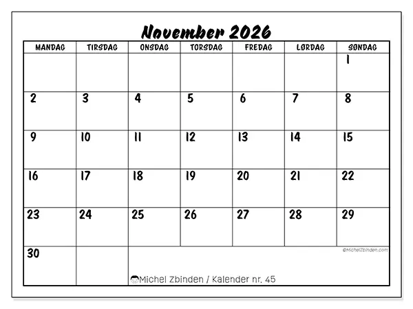 November 2026 kalendere til utskrift - Skolesuksess