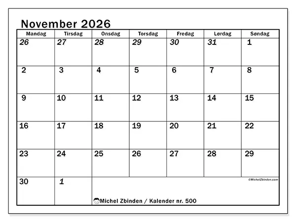 November 2026 kalendere til utskrift - Intensiv planlegging