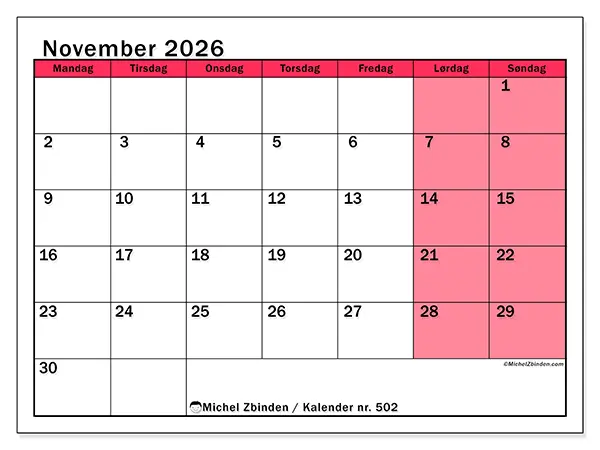 November 2026 kalendere til utskrift - Lys organisering