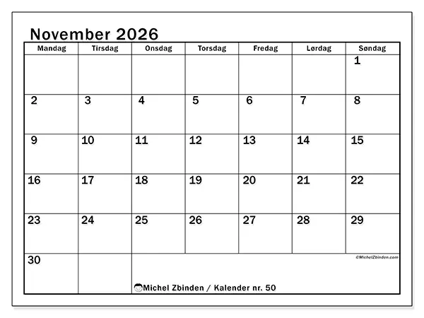November 2026 kalendere til utskrift - Tydelig månedsplanlegging