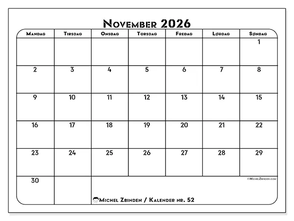 November 2026 kalendere til utskrift - Profesjonell organisering