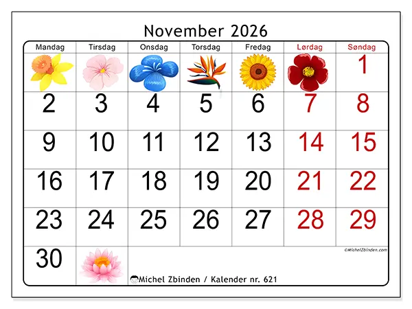 November 2026 kalendere til utskrift - Store blomster