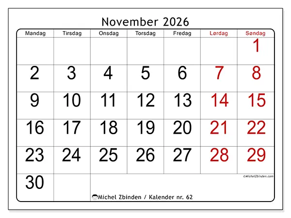 November 2026 kalendere til utskrift - Rask oversikt