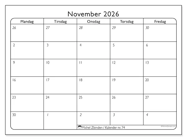 November 2026 kalendere til utskrift - Arbeidsorganisering