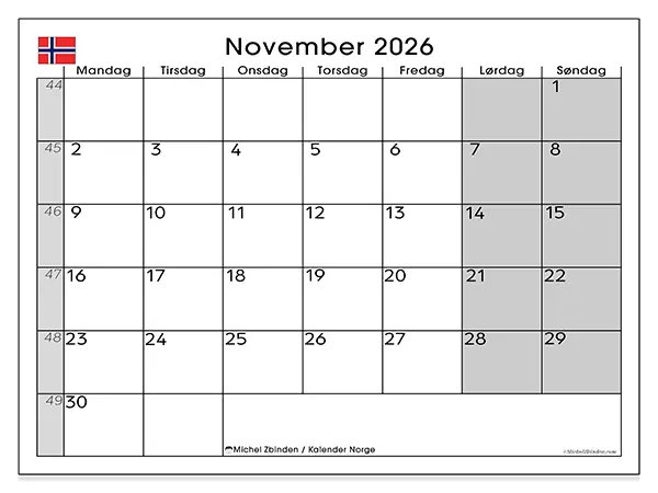 November 2026 kalendere til utskrift - Norge