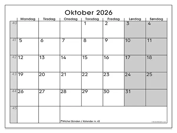 Oktober 2026 kalendere til utskrift - Enkel oversikt
