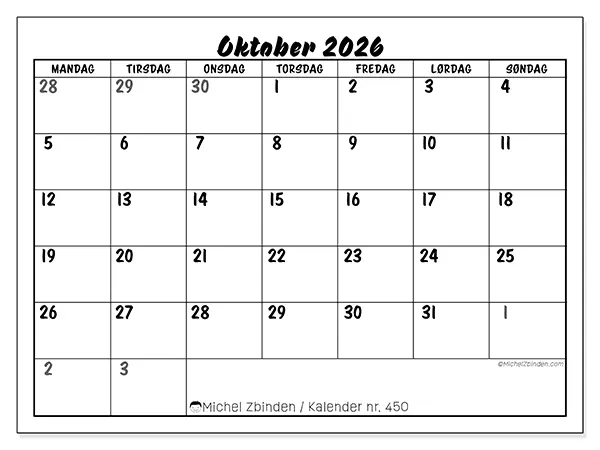 Oktober 2026 kalendere til utskrift - Detaljert organisering