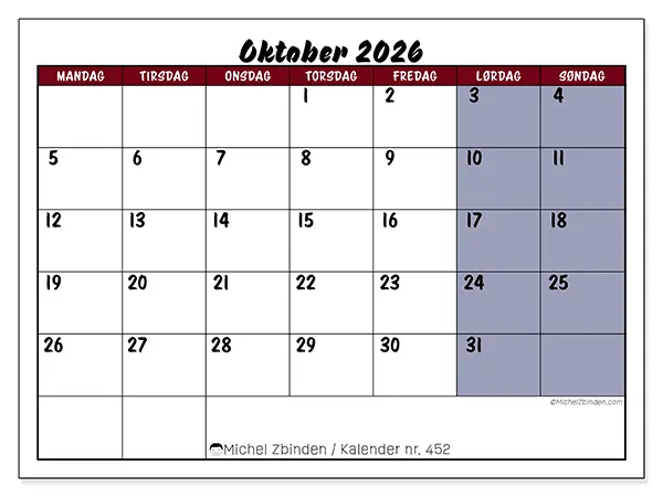 Oktober 2026 kalendere til utskrift - Oppgaver i farger