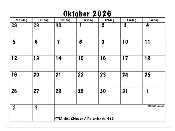 Oktober 2026 kalendere til utskrift - Fullstendig planlegging