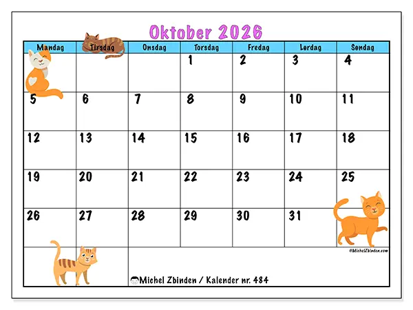 Oktober 2026 kalendere til utskrift - Kjærlighet til katter