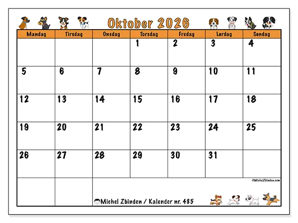 Oktober 2026 kalendere til utskrift - Hunder