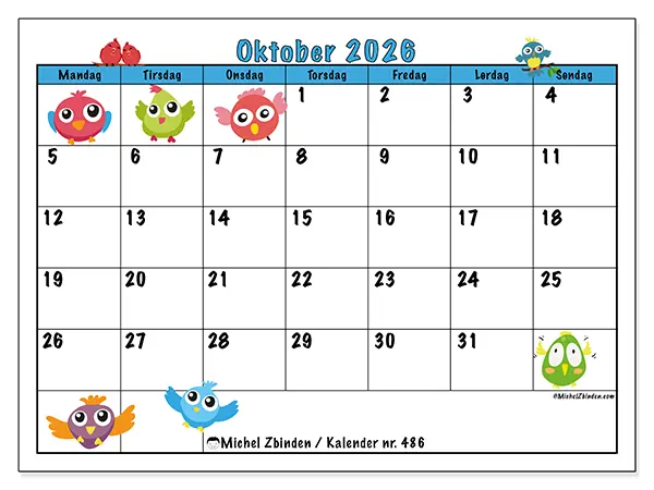 Oktober 2026 kalendere til utskrift - Fugler