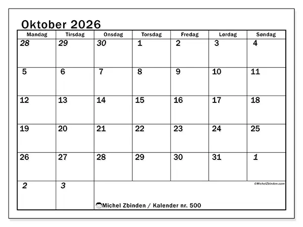 Oktober 2026 kalendere til utskrift - Intensiv planlegging