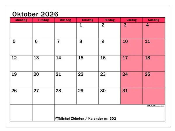 Oktober 2026 kalendere til utskrift - Lys organisering