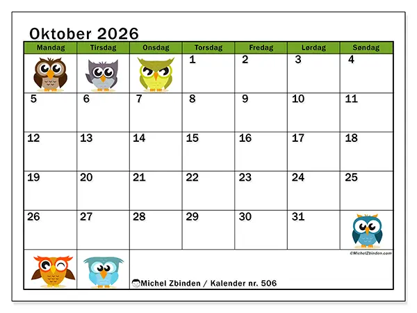 Oktober 2026 kalendere til utskrift - Ugler