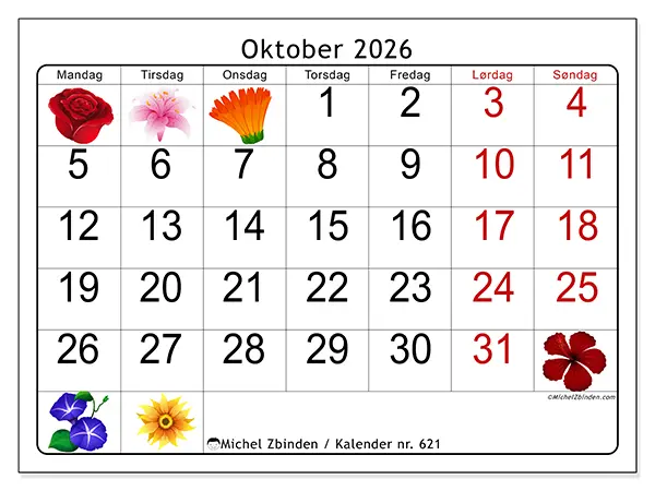 Oktober 2026 kalendere til utskrift - Store blomster