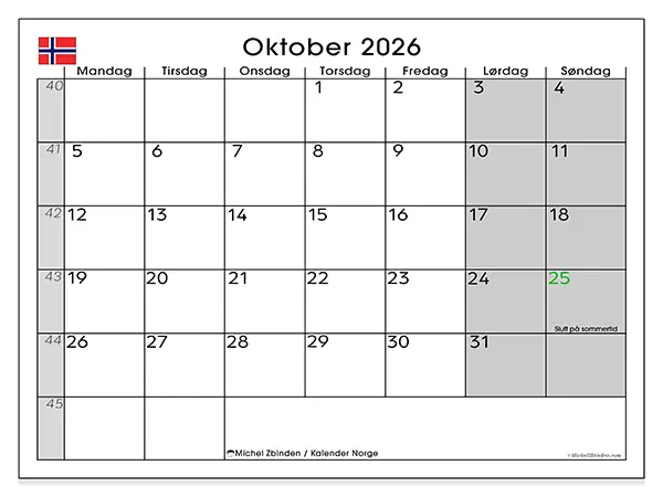 Oktober 2026 kalendere til utskrift - Norge