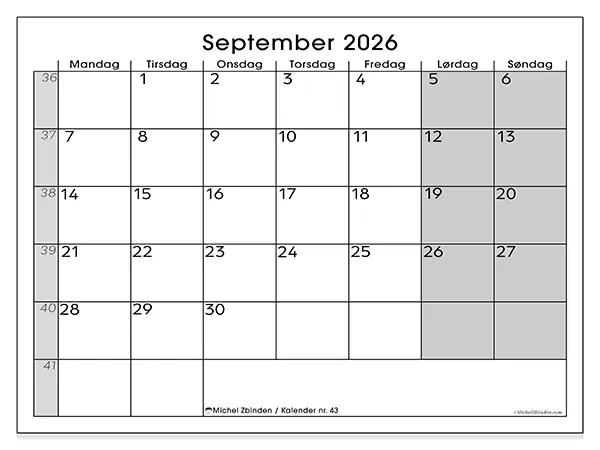 September 2026 kalendere til utskrift - Enkel oversikt