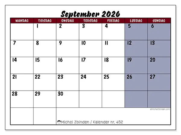 September 2026 kalendere til utskrift - Oppgaver i farger