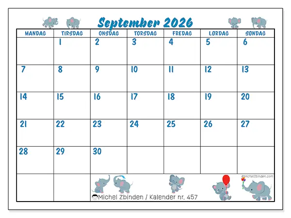 September 2026 kalendere til utskrift - Små elefanter
