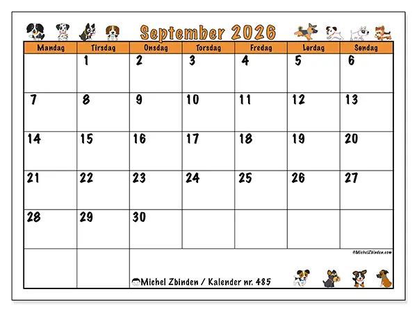 September 2026 kalendere til utskrift - Hunder