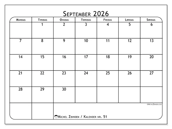 September 2026 kalendere til utskrift - Måltidsplanlegger