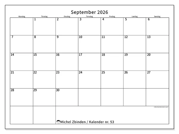September 2026 kalendere til utskrift - Tydelig timeplan