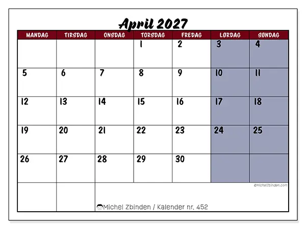 April 2027 kalendere til utskrift - Oppgaver i farger
