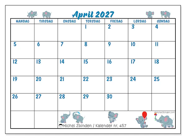 April 2027 kalendere til utskrift - Små elefanter